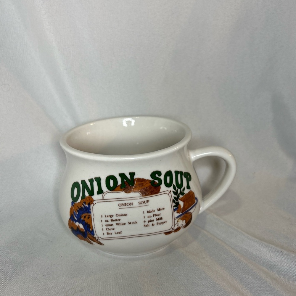 Fine porcelain, Charming Onion Soup Mug with Green and Brown Accents